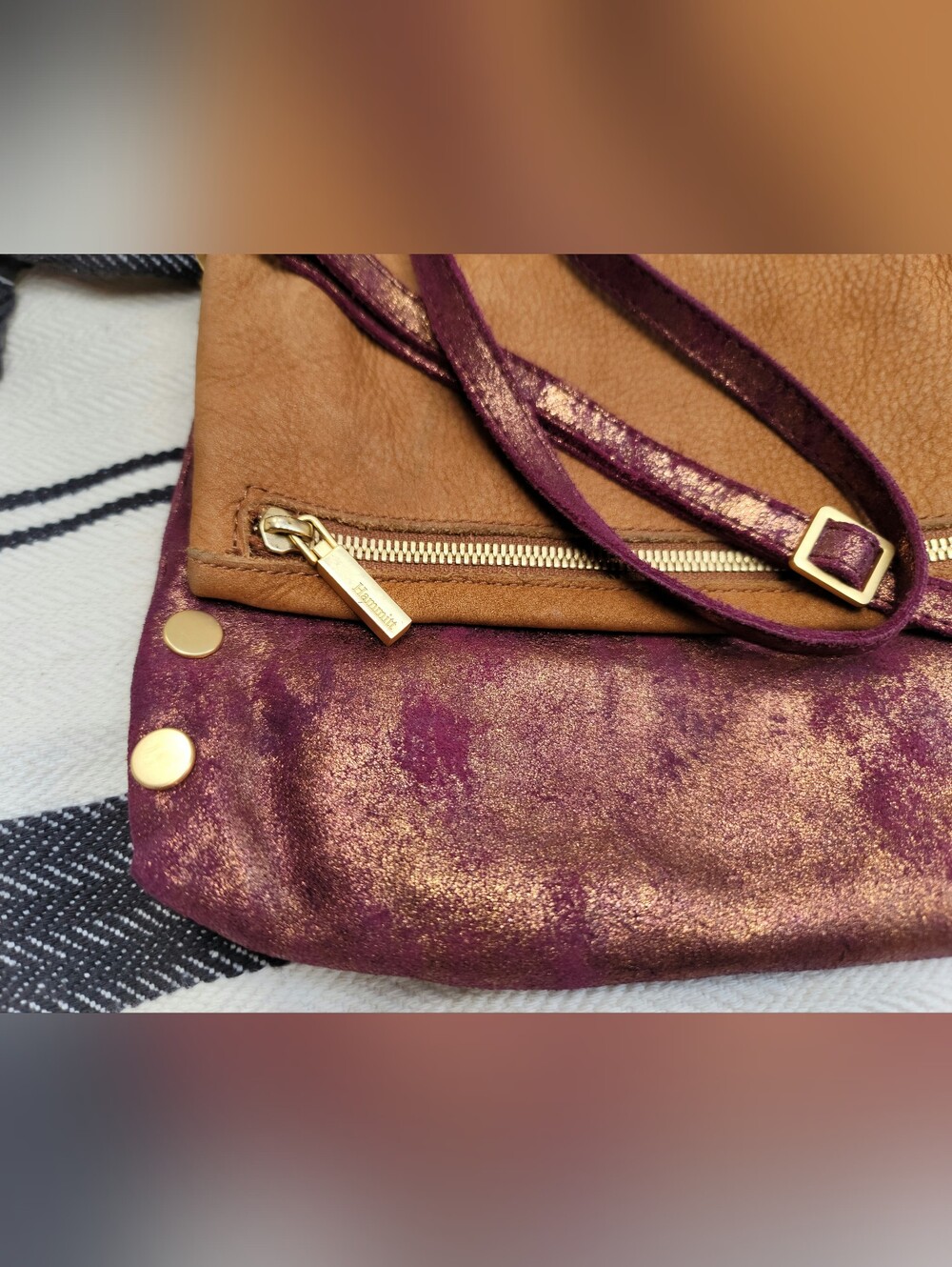 Hammit Leather Fold-Over Crossbody Bag in Brown and Plum with Gold Accents - Picture 14 of 15